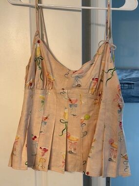 Anthropologie Beige Cocktail Print Linen-Blend Tank Top